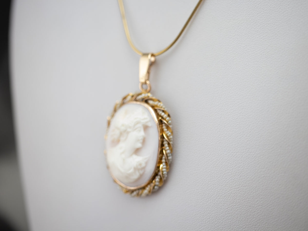 Antique Pink Shell Cameo and Seed Pearl Pendant