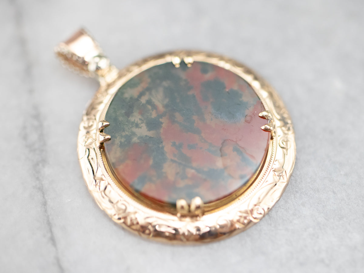 Mid Century Carnelian Moss Agate Pendant