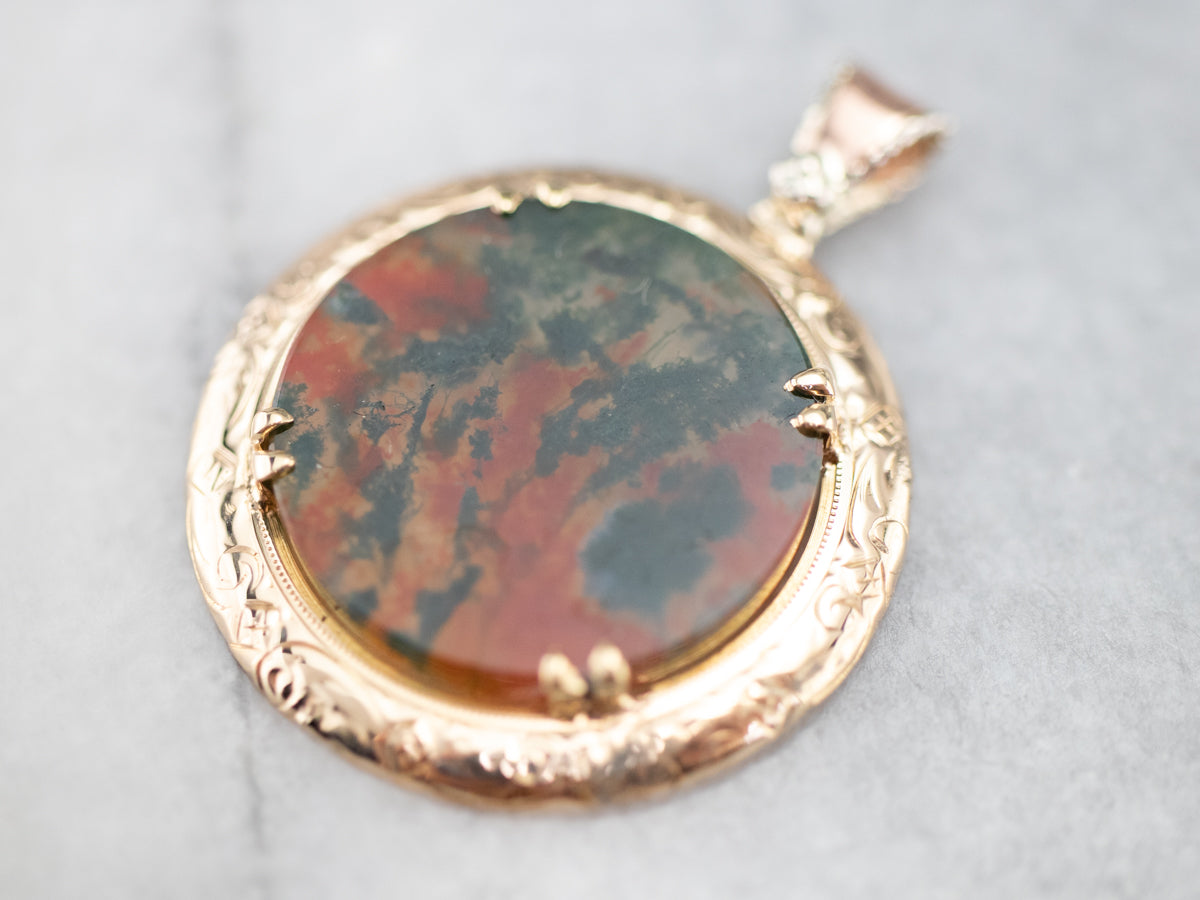 Mid Century Carnelian Moss Agate Pendant