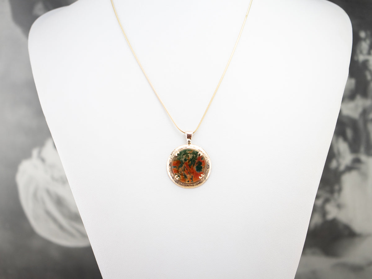 Mid Century Carnelian Moss Agate Pendant