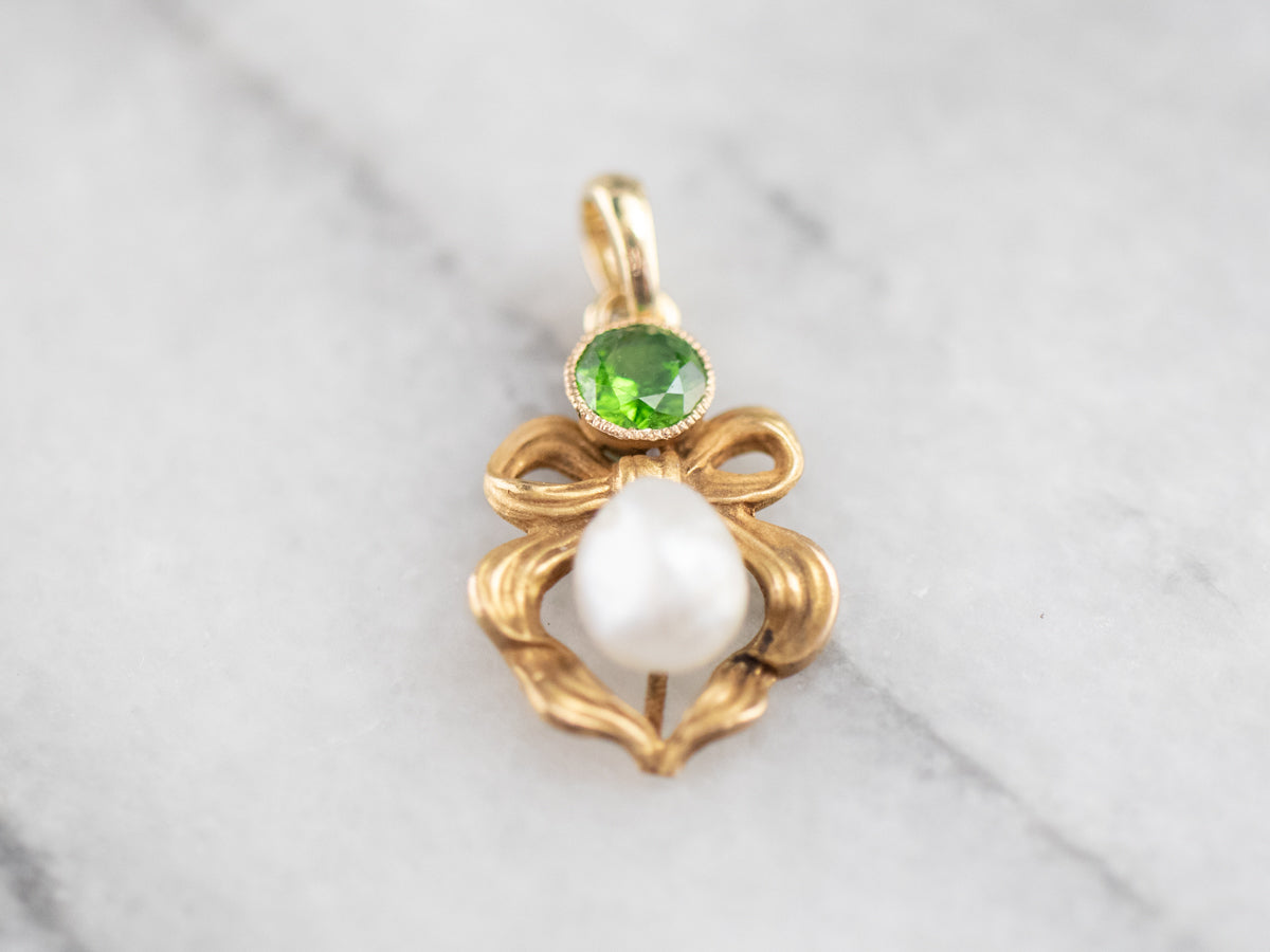 Bloomed Gold Demantoid Garnet and Freshwater Pearl Pendant