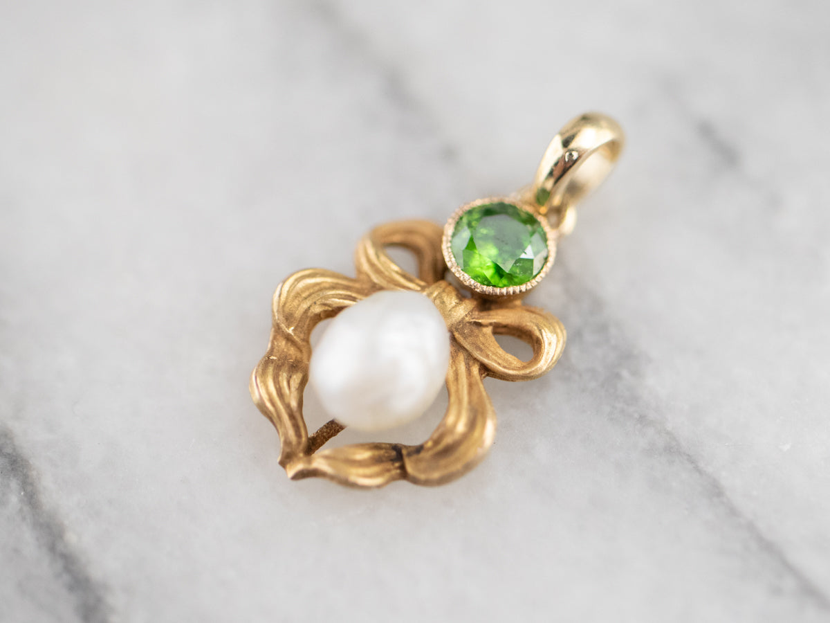 Bloomed Gold Demantoid Garnet and Freshwater Pearl Pendant