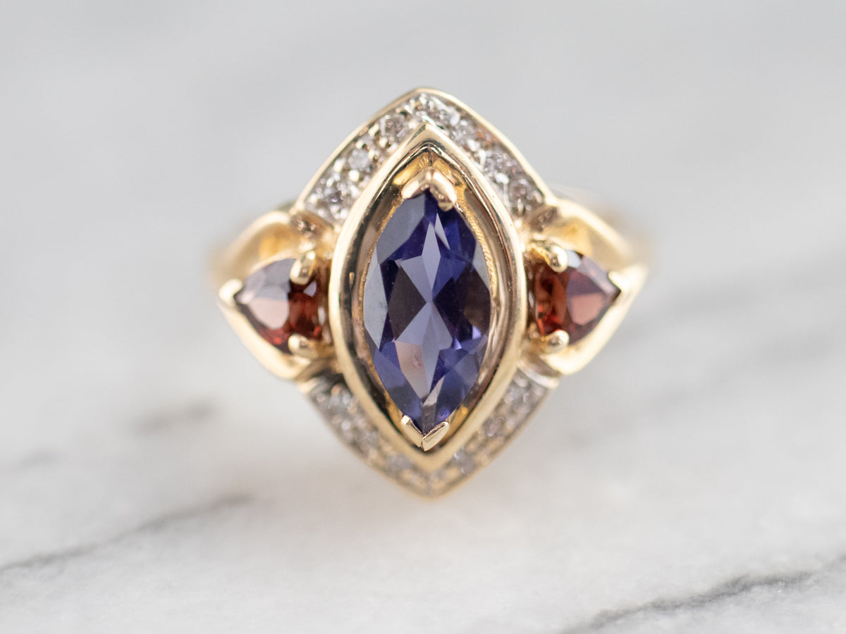 Marquise Iolite Garnet and Diamond Ring