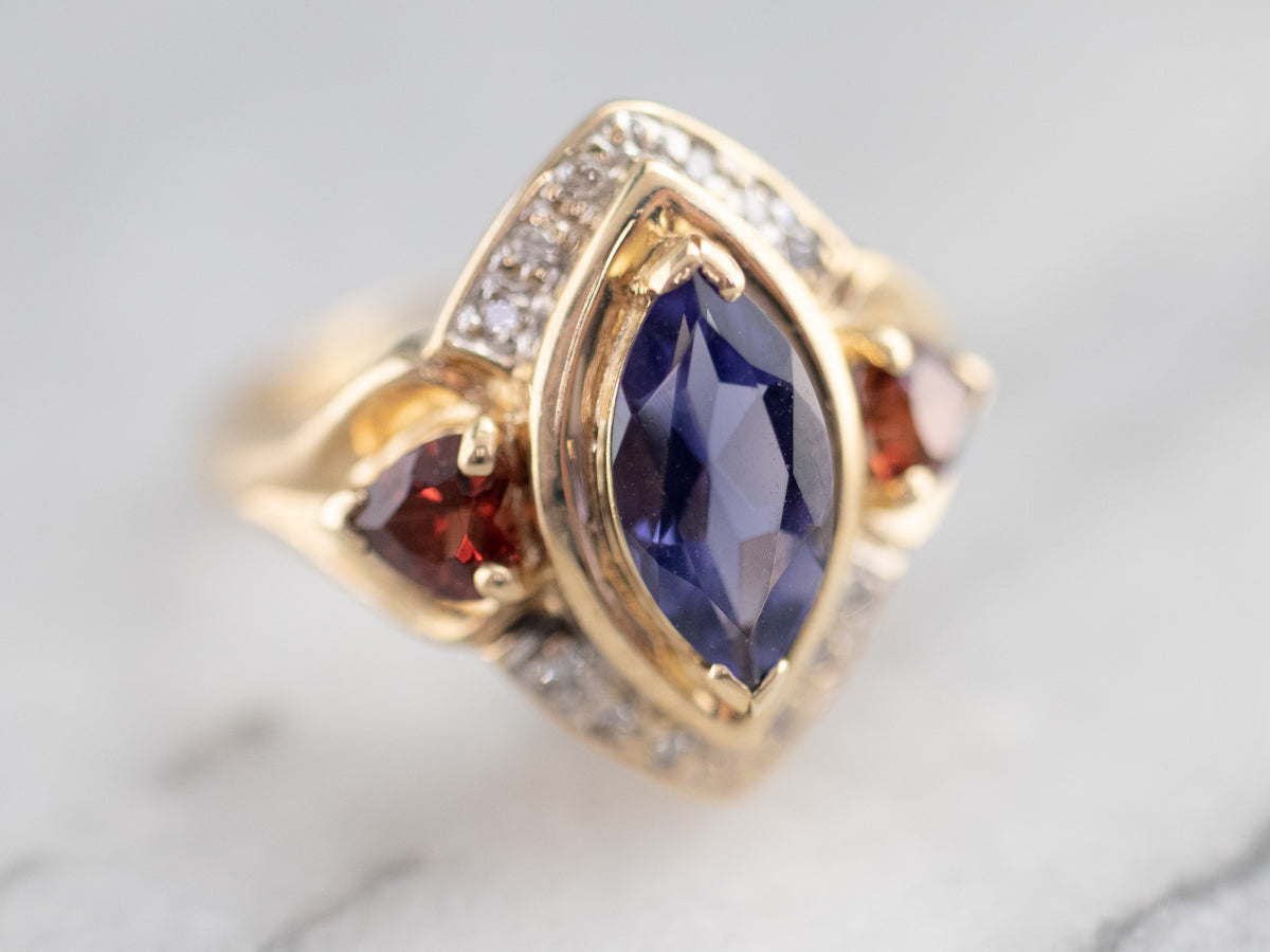Marquise Iolite Garnet and Diamond Ring