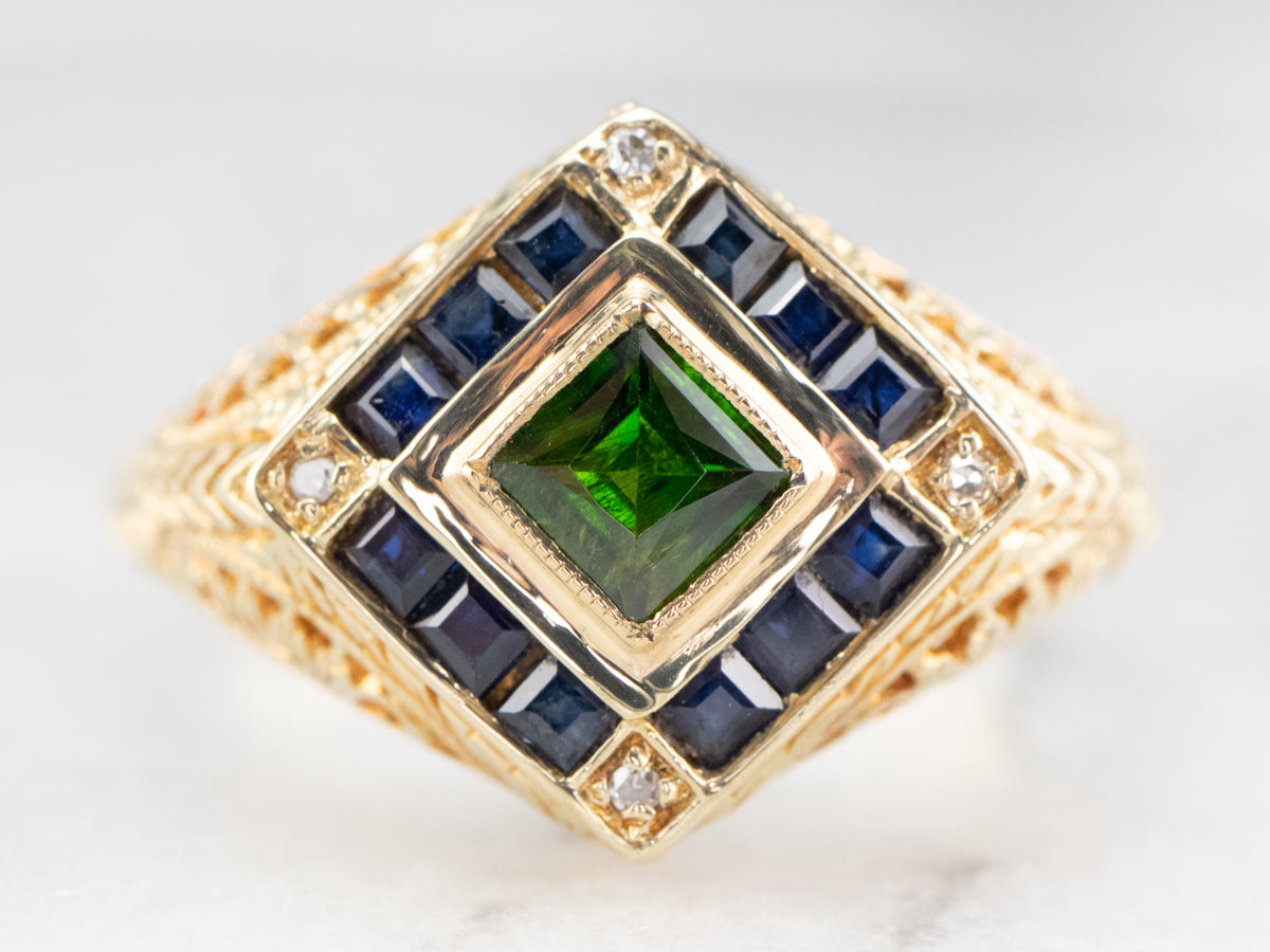 Demantoid Garnet Sapphire and Diamond Ring