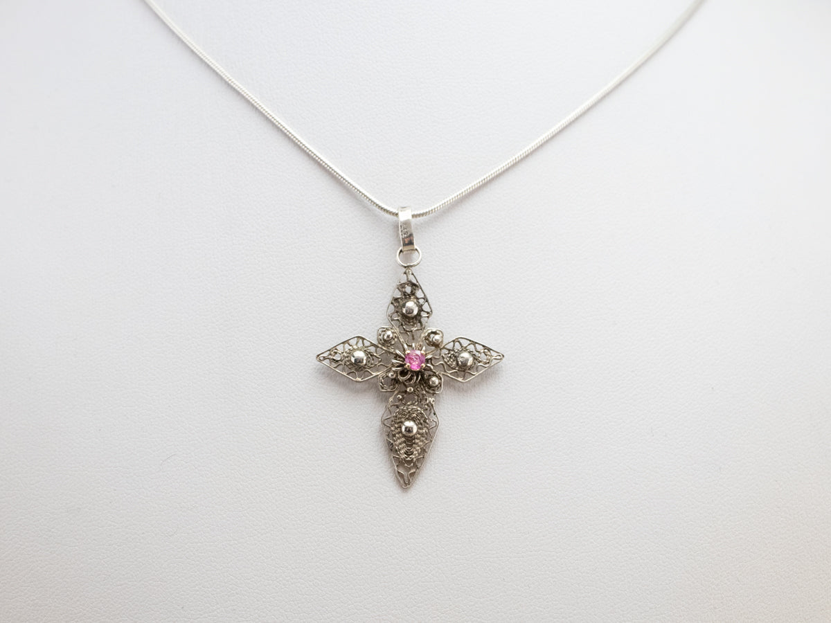 Silver and Gold Pink Sapphire Filigree Cross