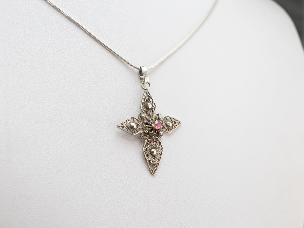 Silver and Gold Pink Sapphire Filigree Cross