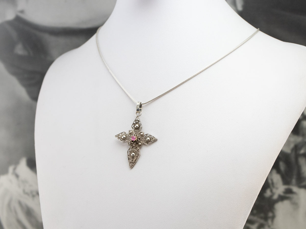Silver and Gold Pink Sapphire Filigree Cross