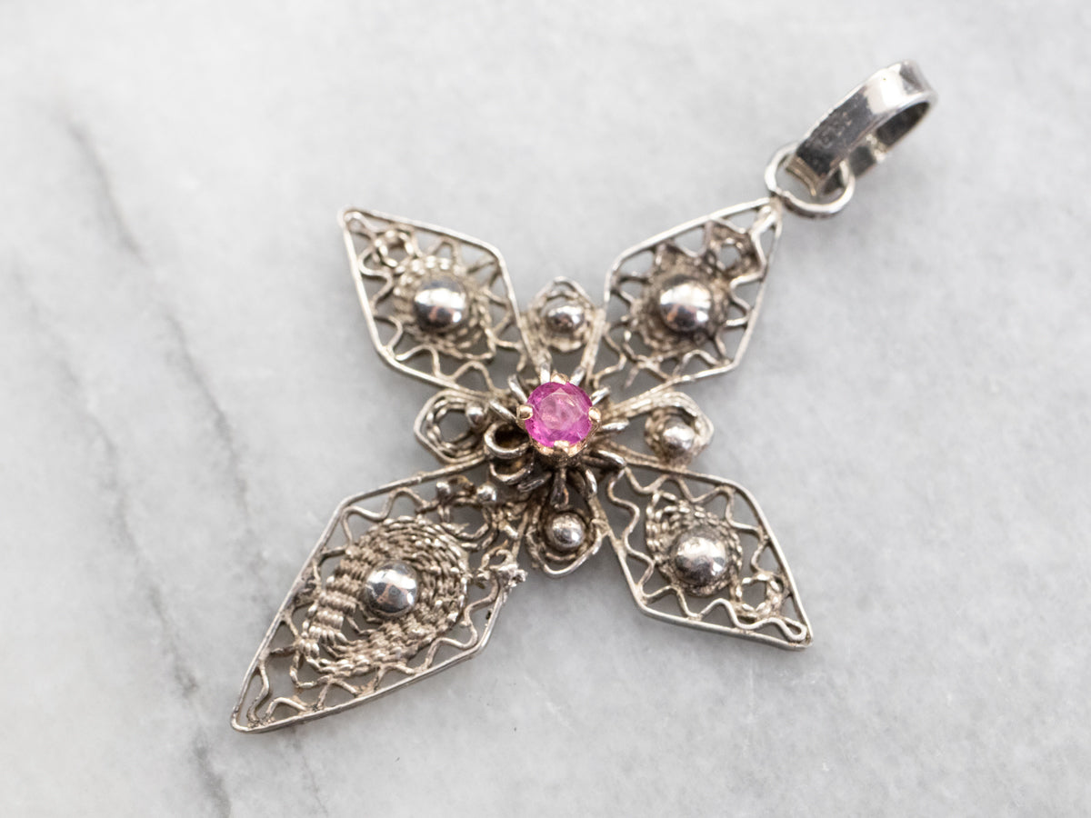 Silver and Gold Pink Sapphire Filigree Cross