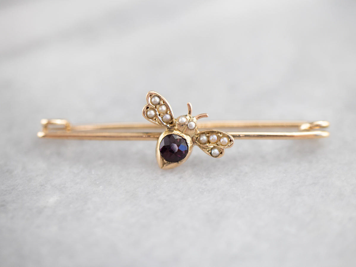 Victorian Garnet and Seed Pearl Bug Pin