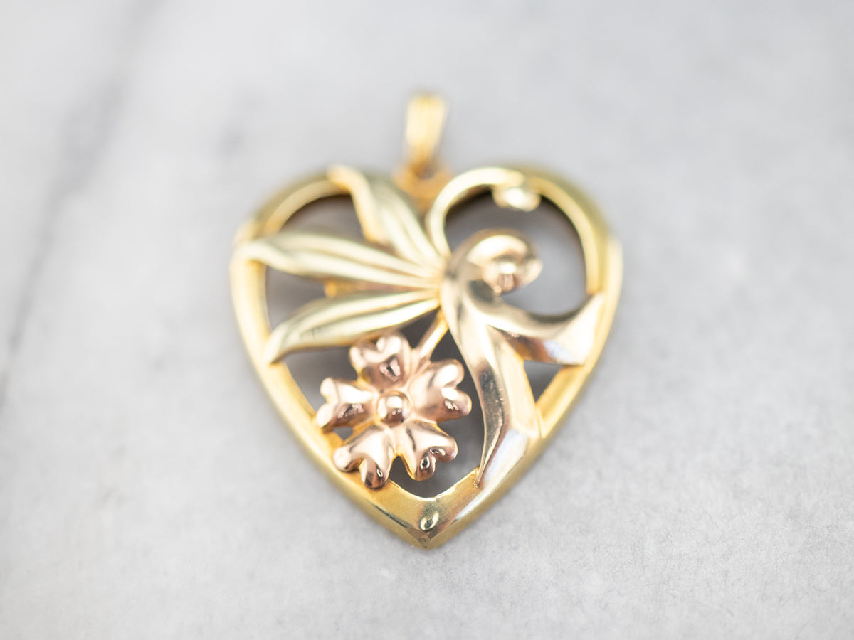 Retro Era Two Tone Gold Floral Pendant