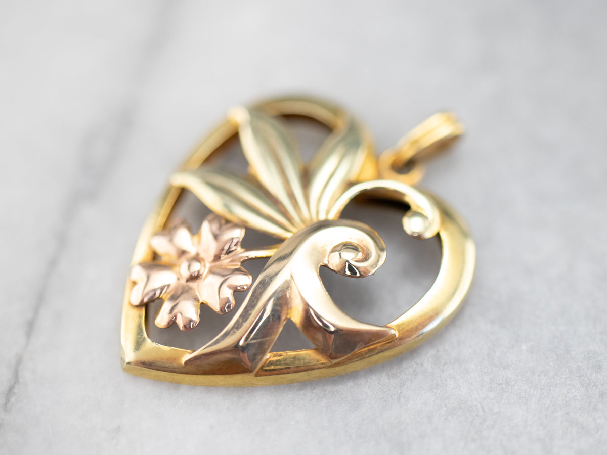 Retro Era Two Tone Gold Floral Pendant