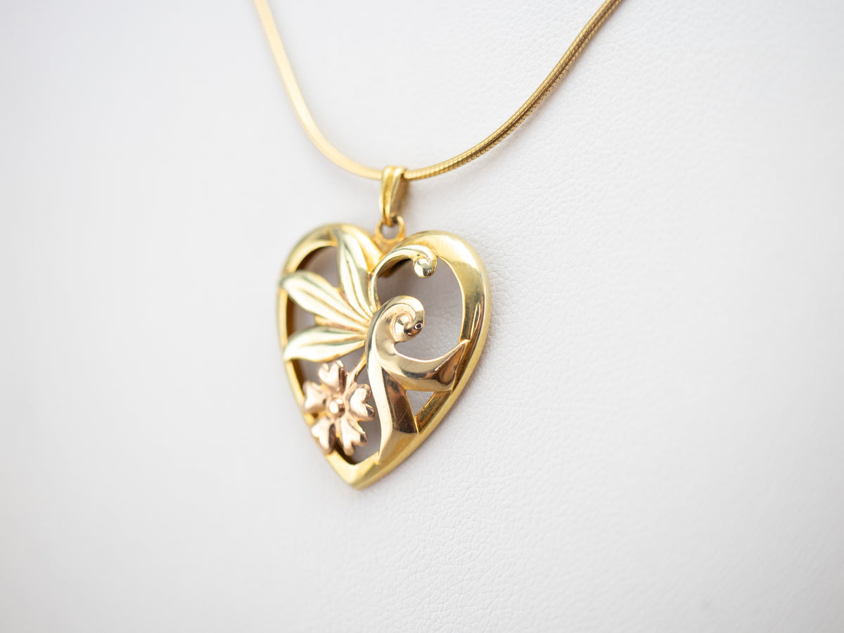 Retro Era Two Tone Gold Floral Pendant