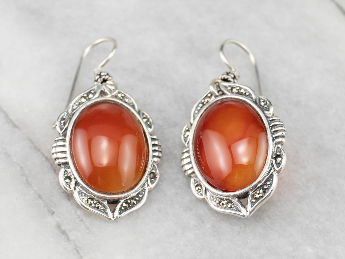 Sterling Silver Carnelian and Marcasite Drop Earrings