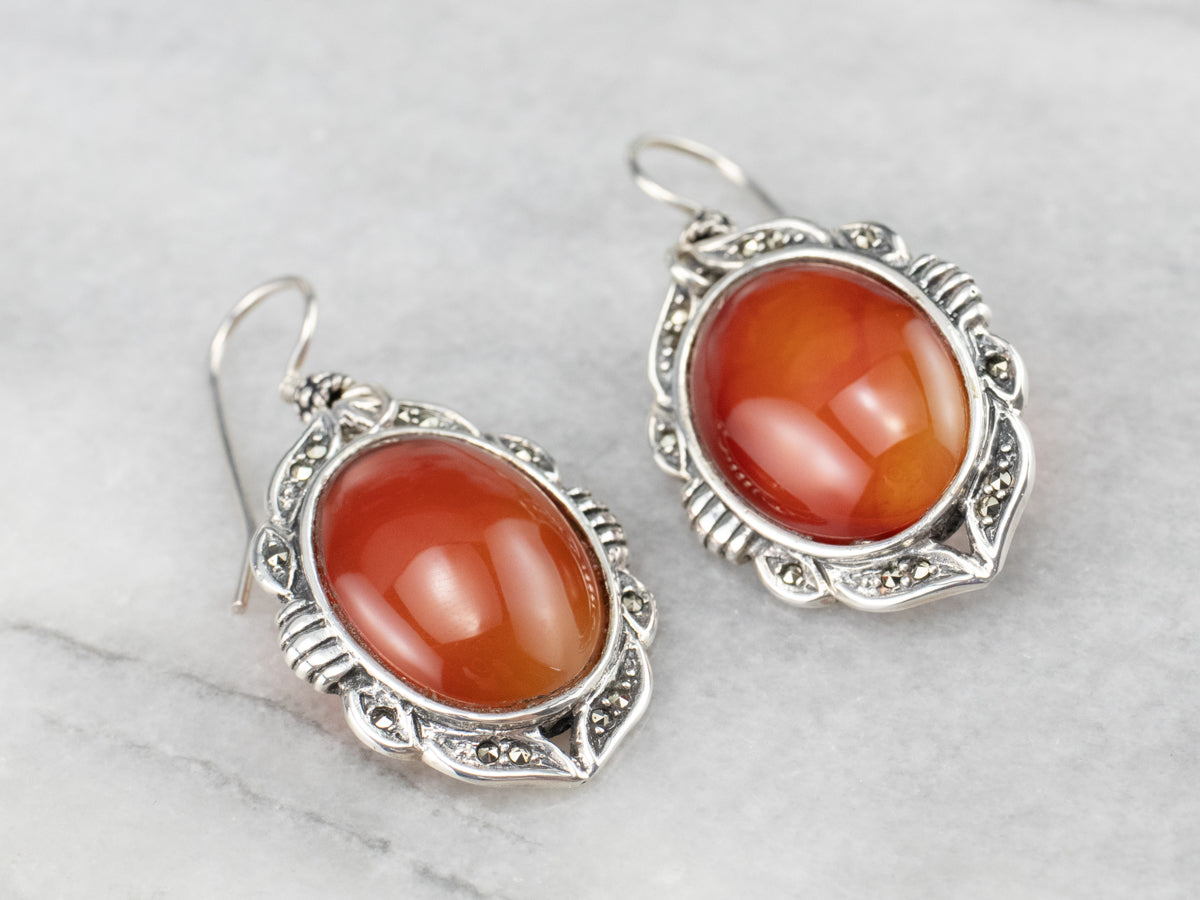 Sterling Silver Carnelian and Marcasite Drop Earrings
