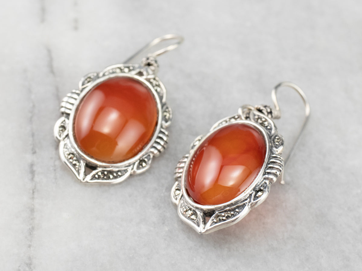 Sterling Silver Carnelian and Marcasite Drop Earrings