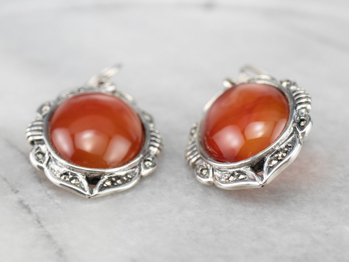 Sterling Silver Carnelian and Marcasite Drop Earrings