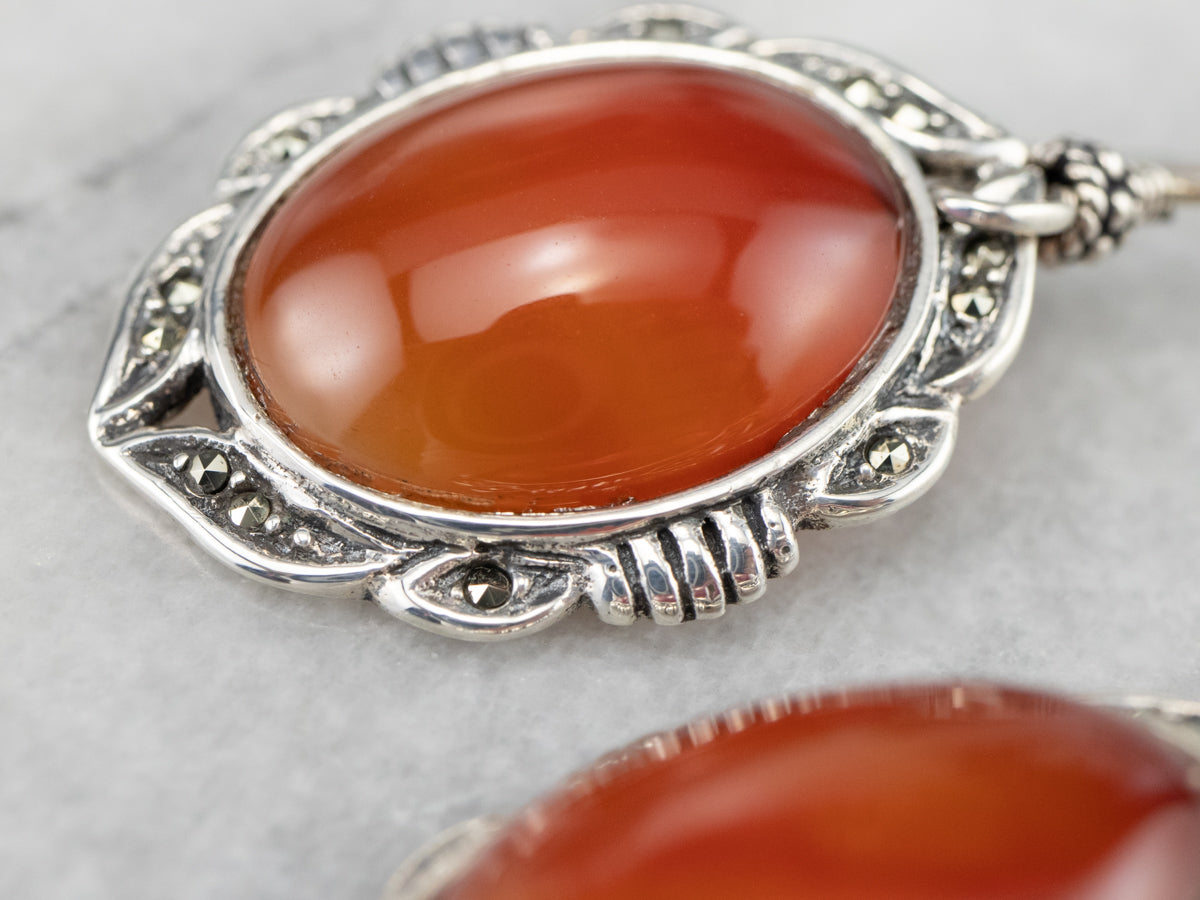 Sterling Silver Carnelian and Marcasite Drop Earrings