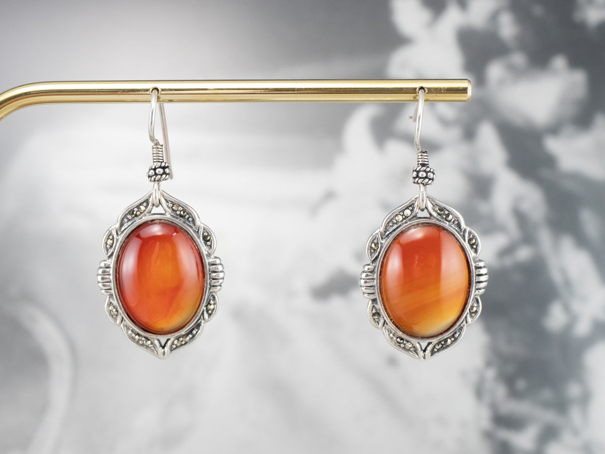 Sterling Silver Carnelian and Marcasite Drop Earrings