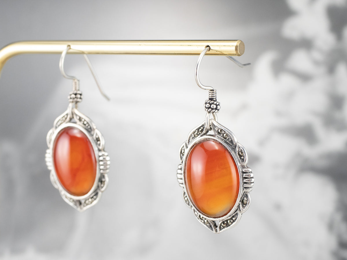 Sterling Silver Carnelian and Marcasite Drop Earrings