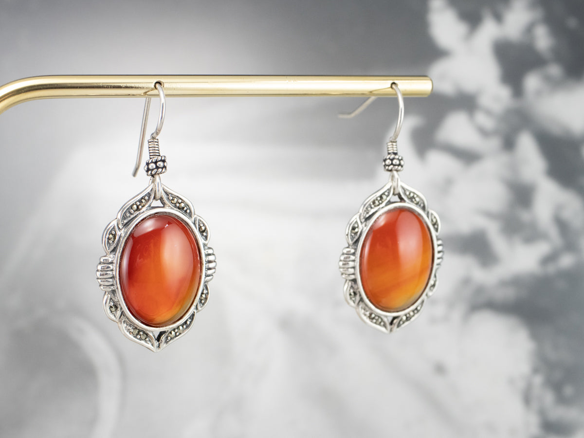 Sterling Silver Carnelian and Marcasite Drop Earrings