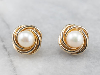 Vintage Pearl Gold Knot Stud Earrings