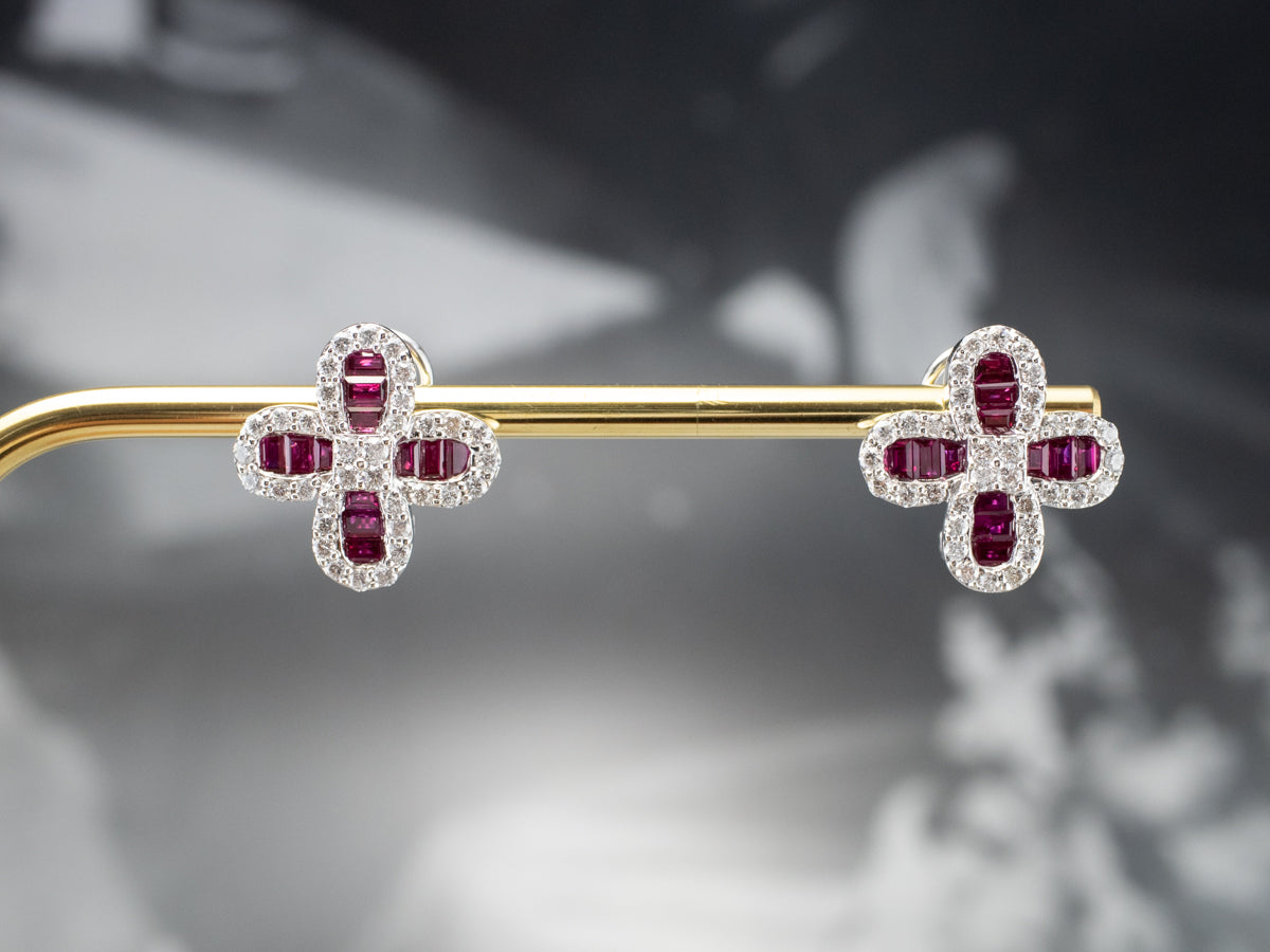 Floral Ruby and Diamond Earrings in 18K White Gold
