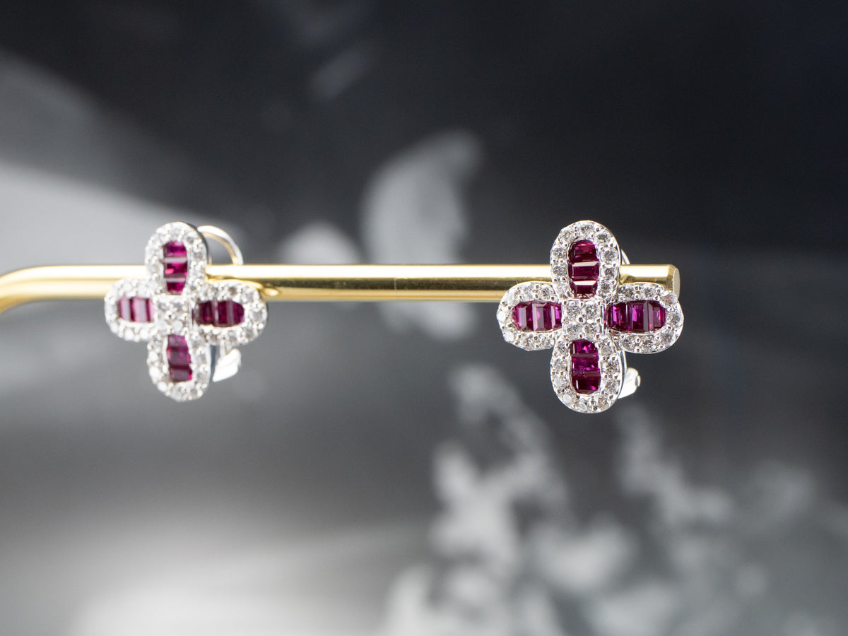 Floral Ruby and Diamond Earrings in 18K White Gold