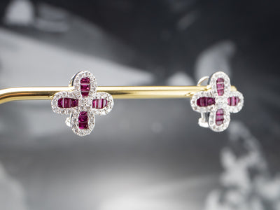 Floral Ruby and Diamond Earrings in 18K White Gold