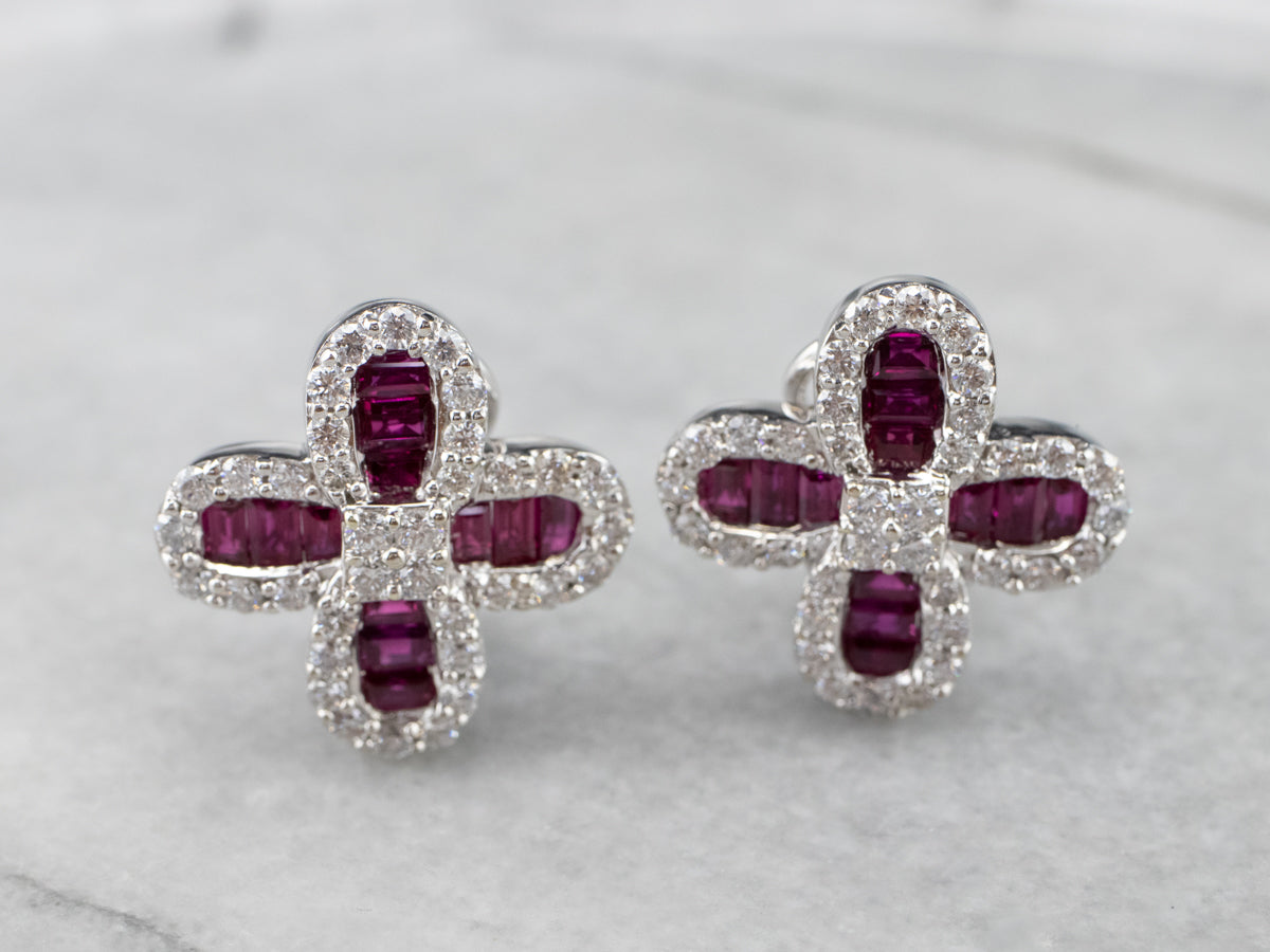 Floral Ruby and Diamond Earrings in 18K White Gold
