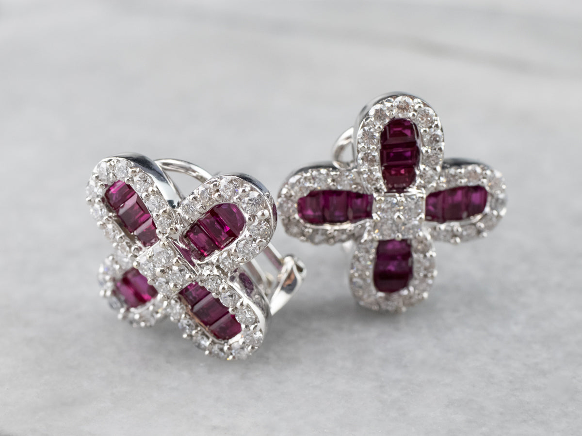 Floral Ruby and Diamond Earrings in 18K White Gold