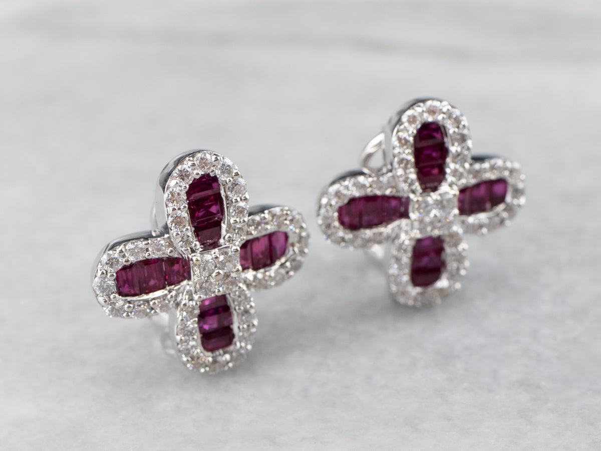 Floral Ruby and Diamond Earrings in 18K White Gold