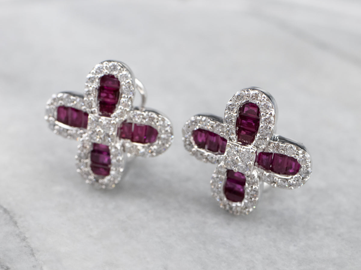 Floral Ruby and Diamond Earrings in 18K White Gold