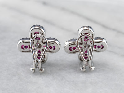 Floral Ruby and Diamond Earrings in 18K White Gold