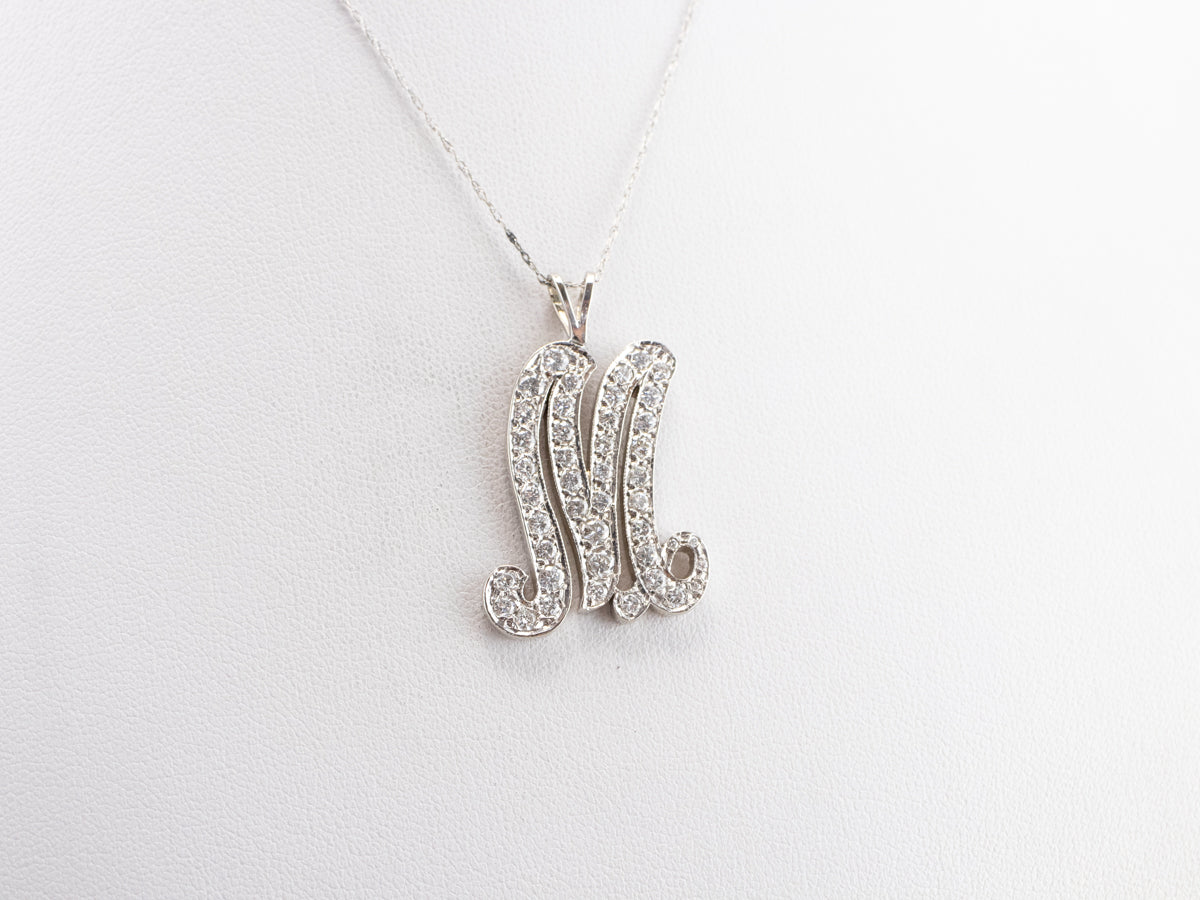 Scrolling Diamond M Initial Pendant
