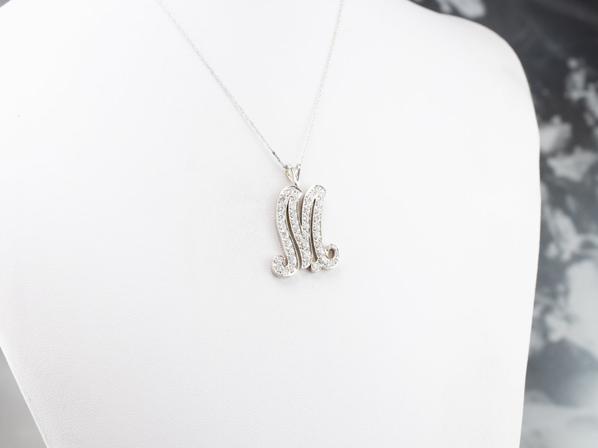 Scrolling Diamond M Initial Pendant