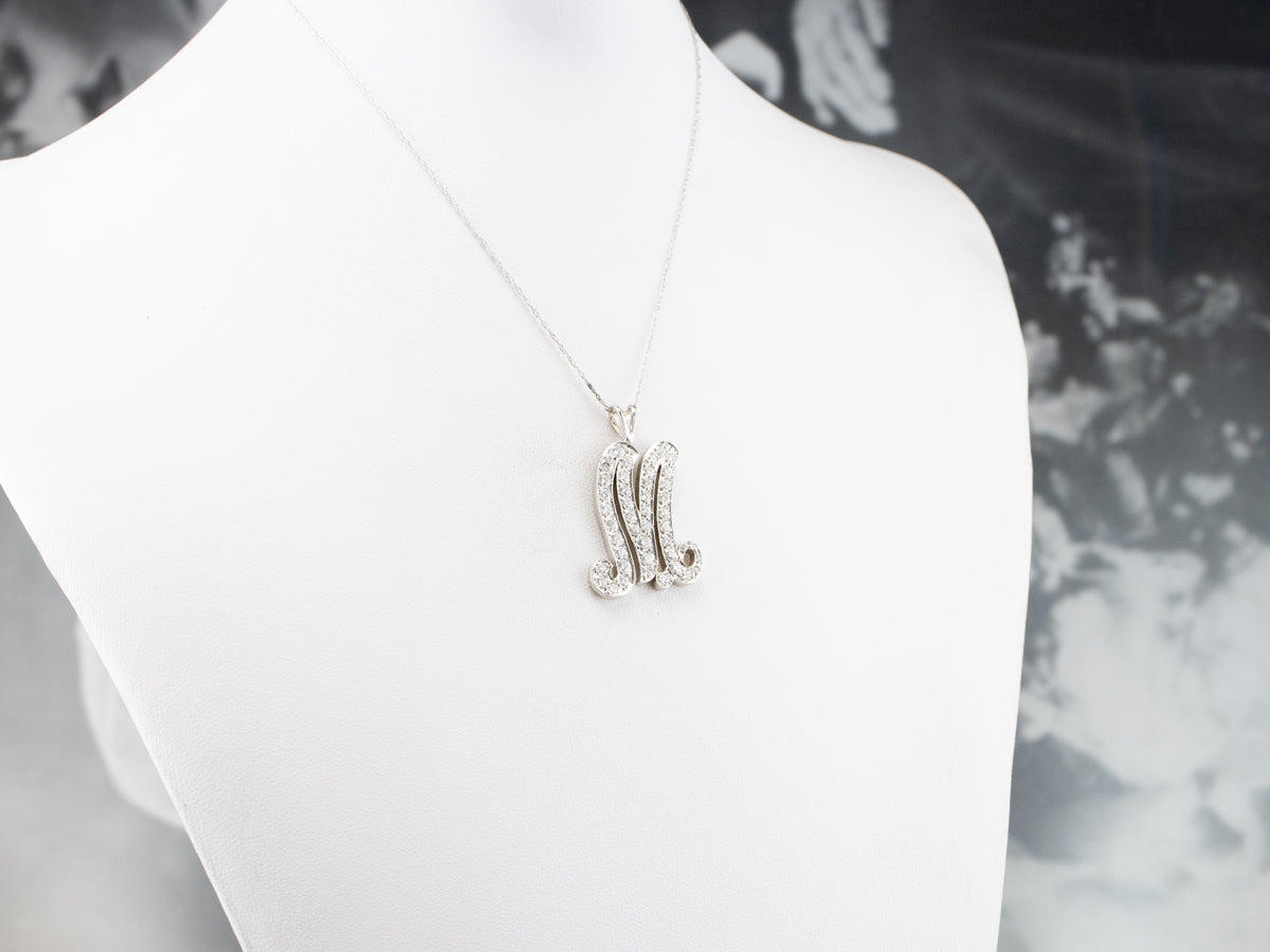 Scrolling Diamond M Initial Pendant