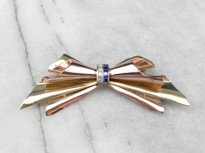 Sapphire Diamond Two Tone Gold Bow Brooch