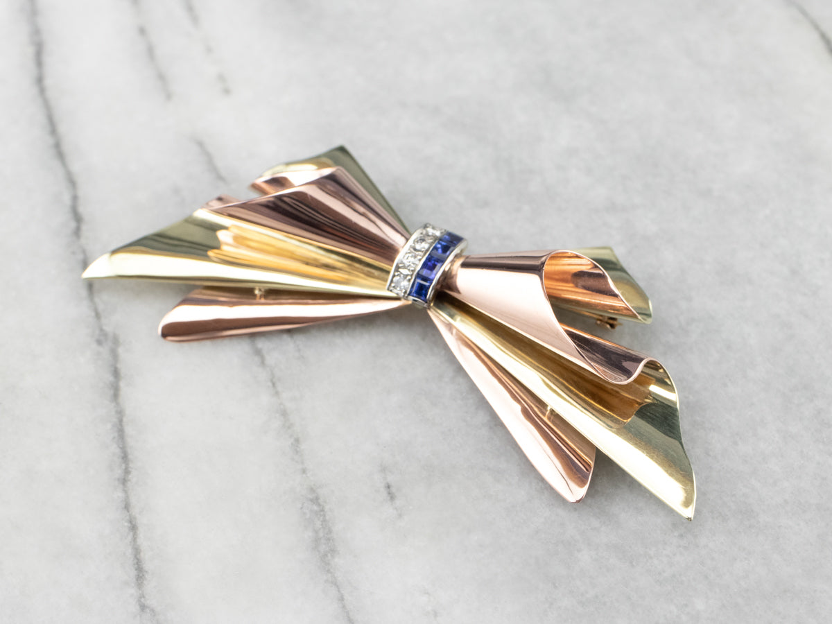 Sapphire Diamond Two Tone Gold Bow Brooch