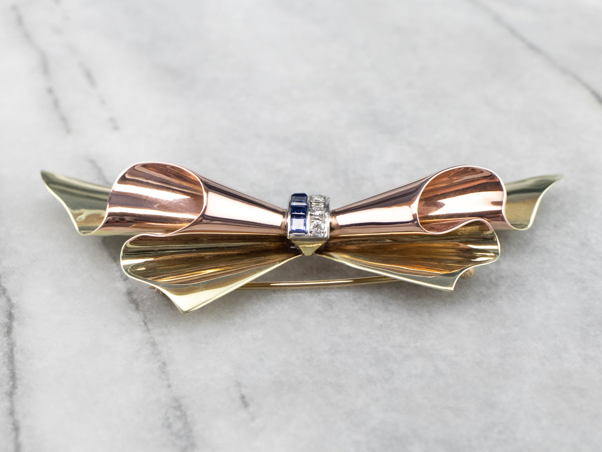 Sapphire Diamond Two Tone Gold Bow Brooch