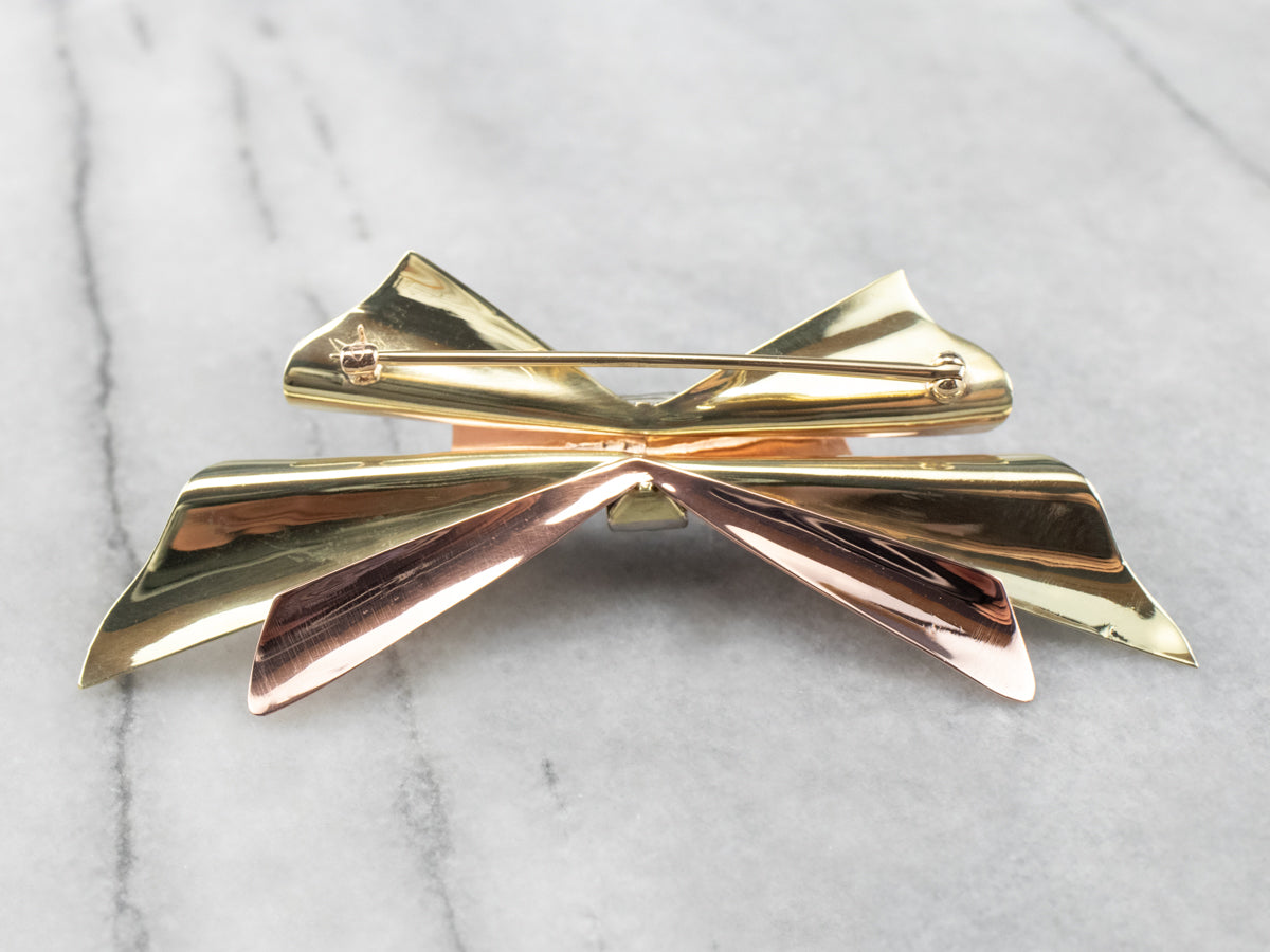 Sapphire Diamond Two Tone Gold Bow Brooch