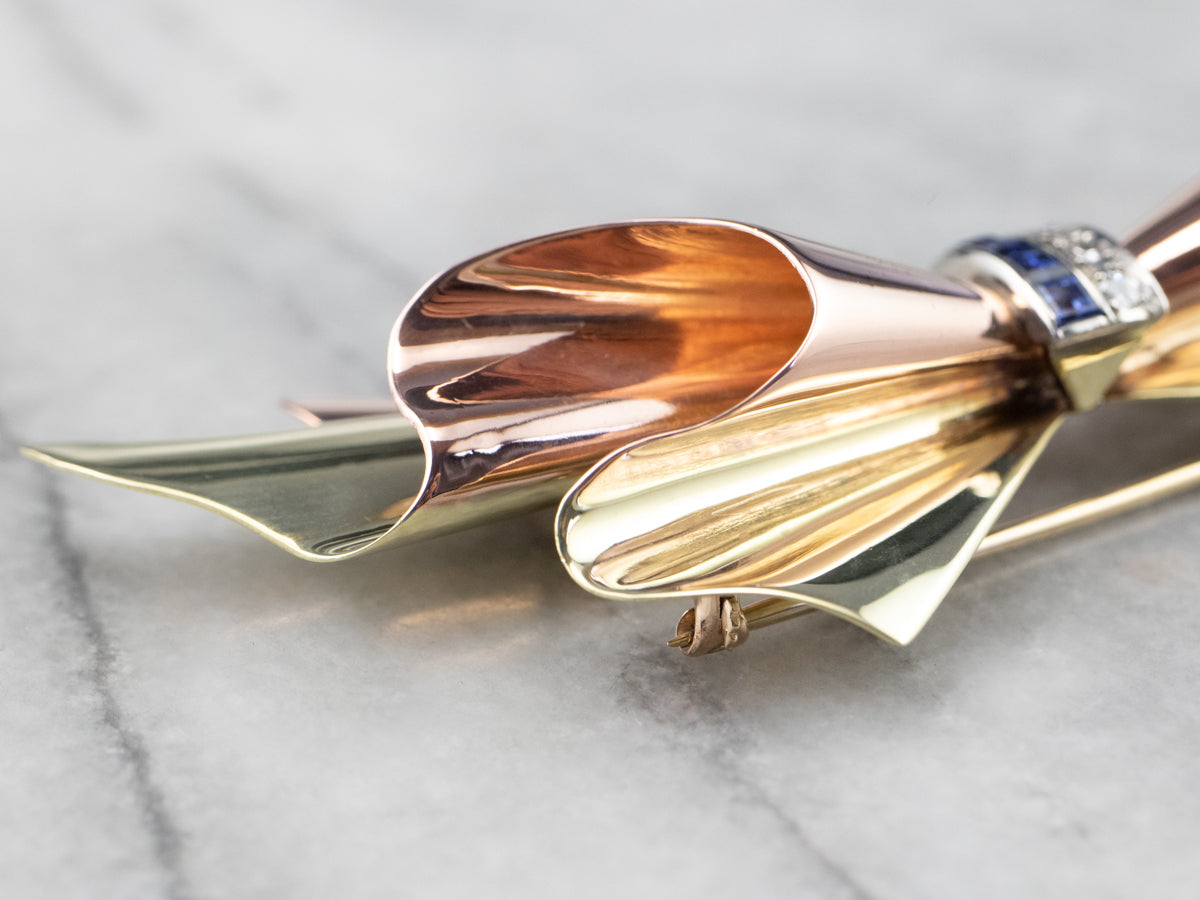 Sapphire Diamond Two Tone Gold Bow Brooch