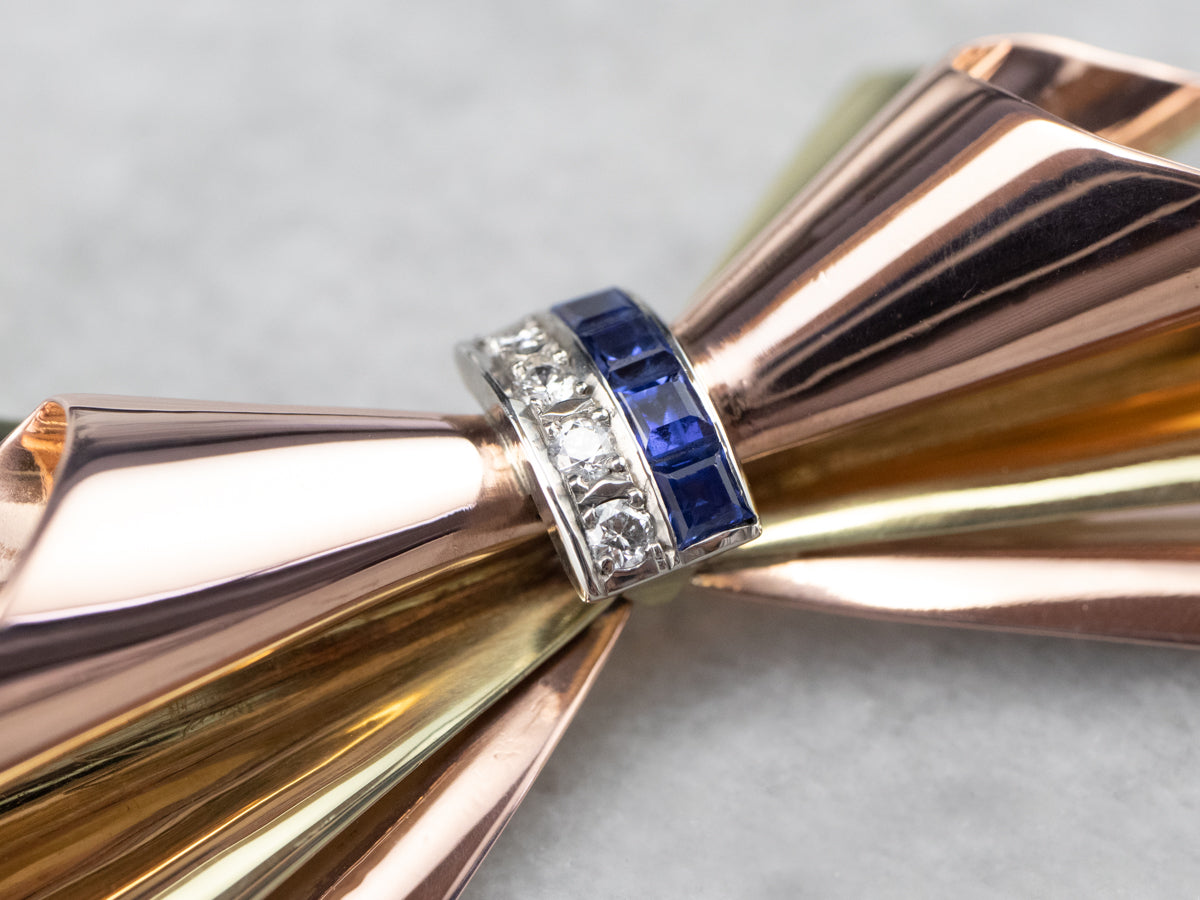 Sapphire Diamond Two Tone Gold Bow Brooch