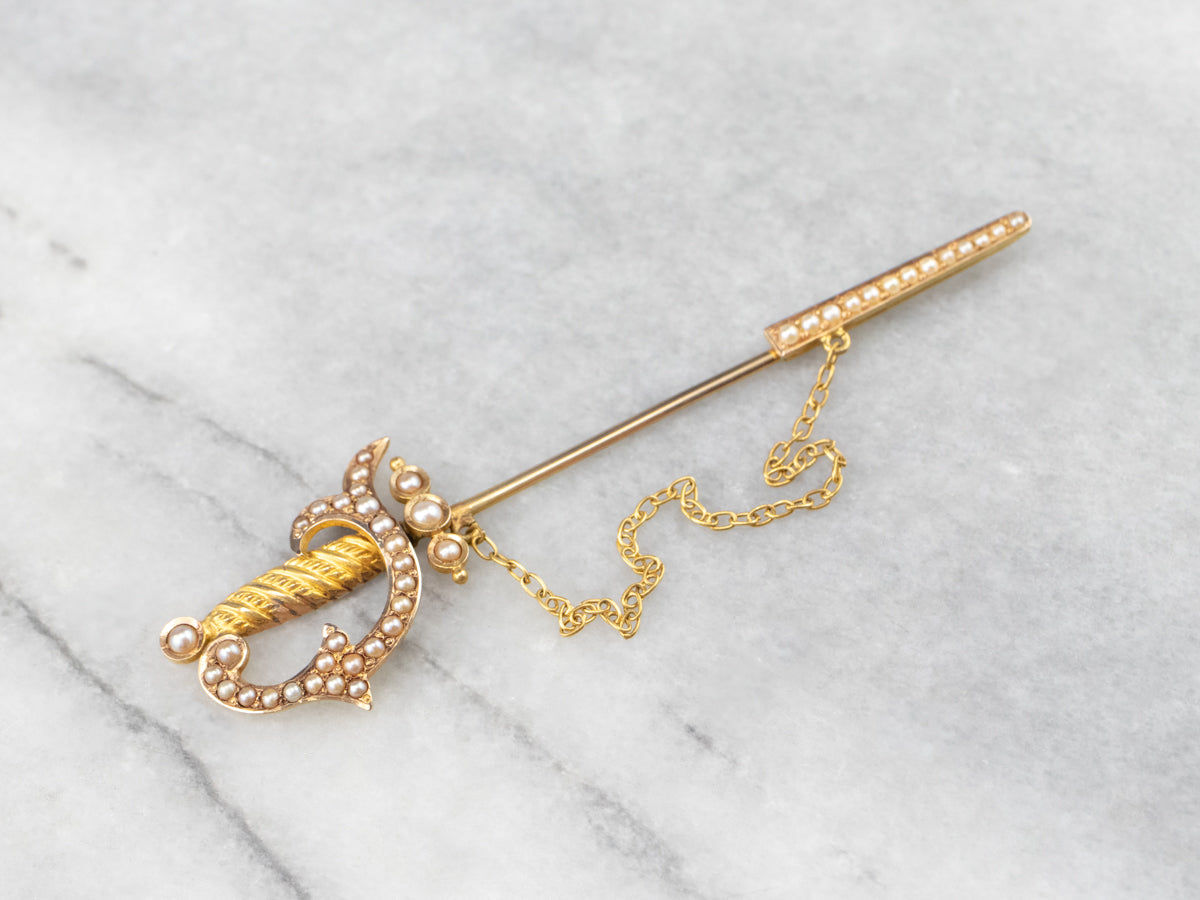 Antique Sword Seed Pearl Stick Pin