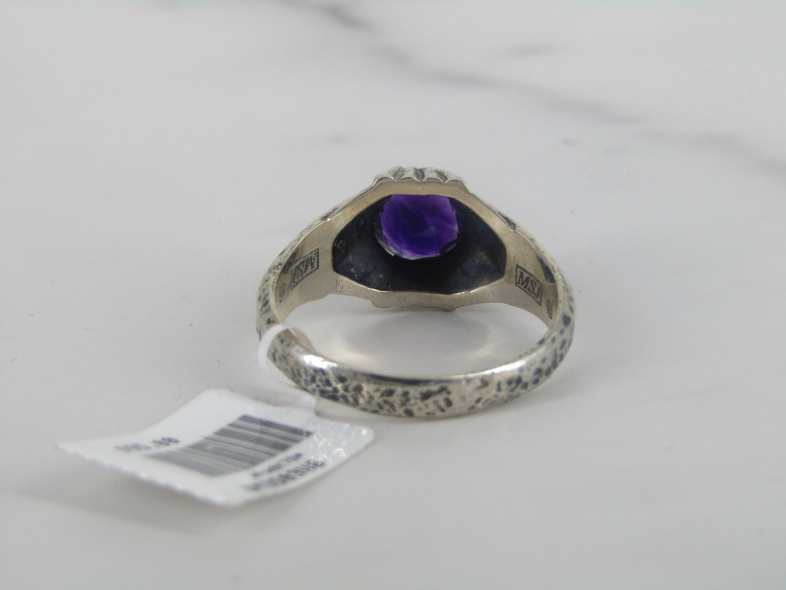 Hammered Finish Silver Ring With Amethyst Center