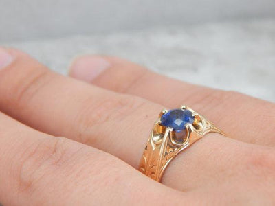 Victorian Carved Setting Blue Sapphire Ring