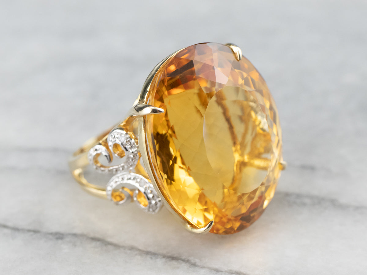 Large Citrine Diamond Gold Cocktail Ring