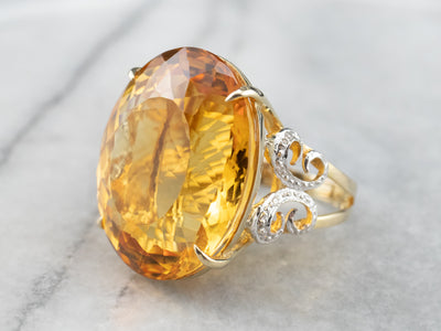Large Citrine Diamond Gold Cocktail Ring