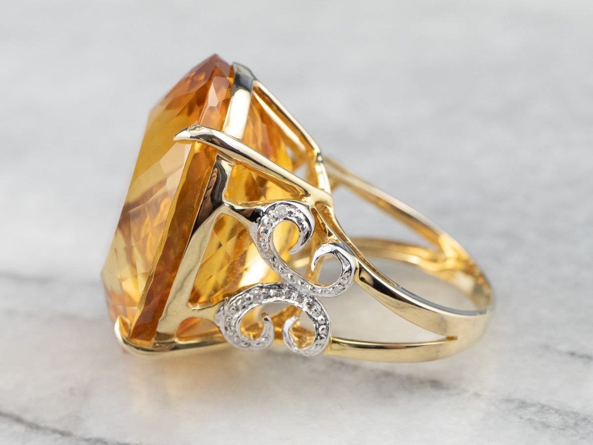 Large Citrine Diamond Gold Cocktail Ring