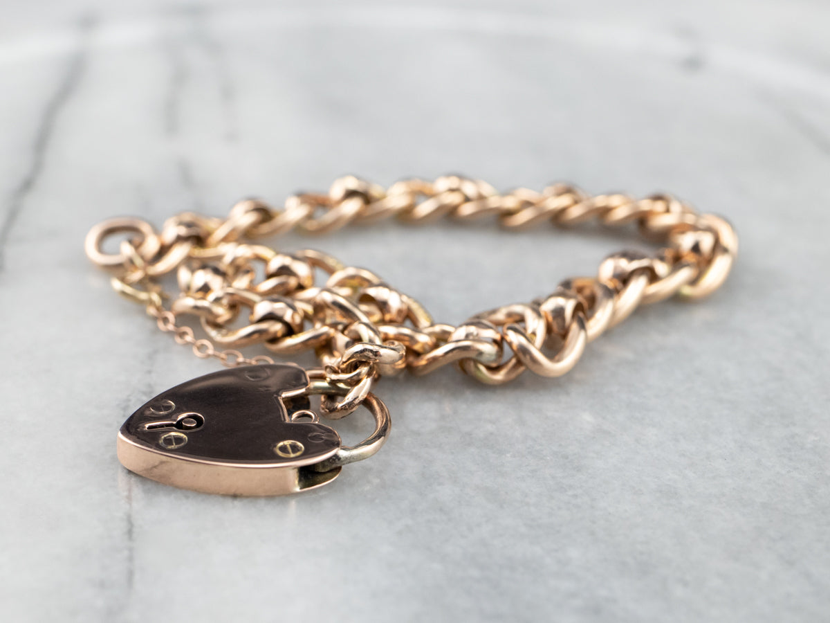 Antique Edwardian Curb Link Bracelet With Heart Lock 9k Gold 8 - Etsy